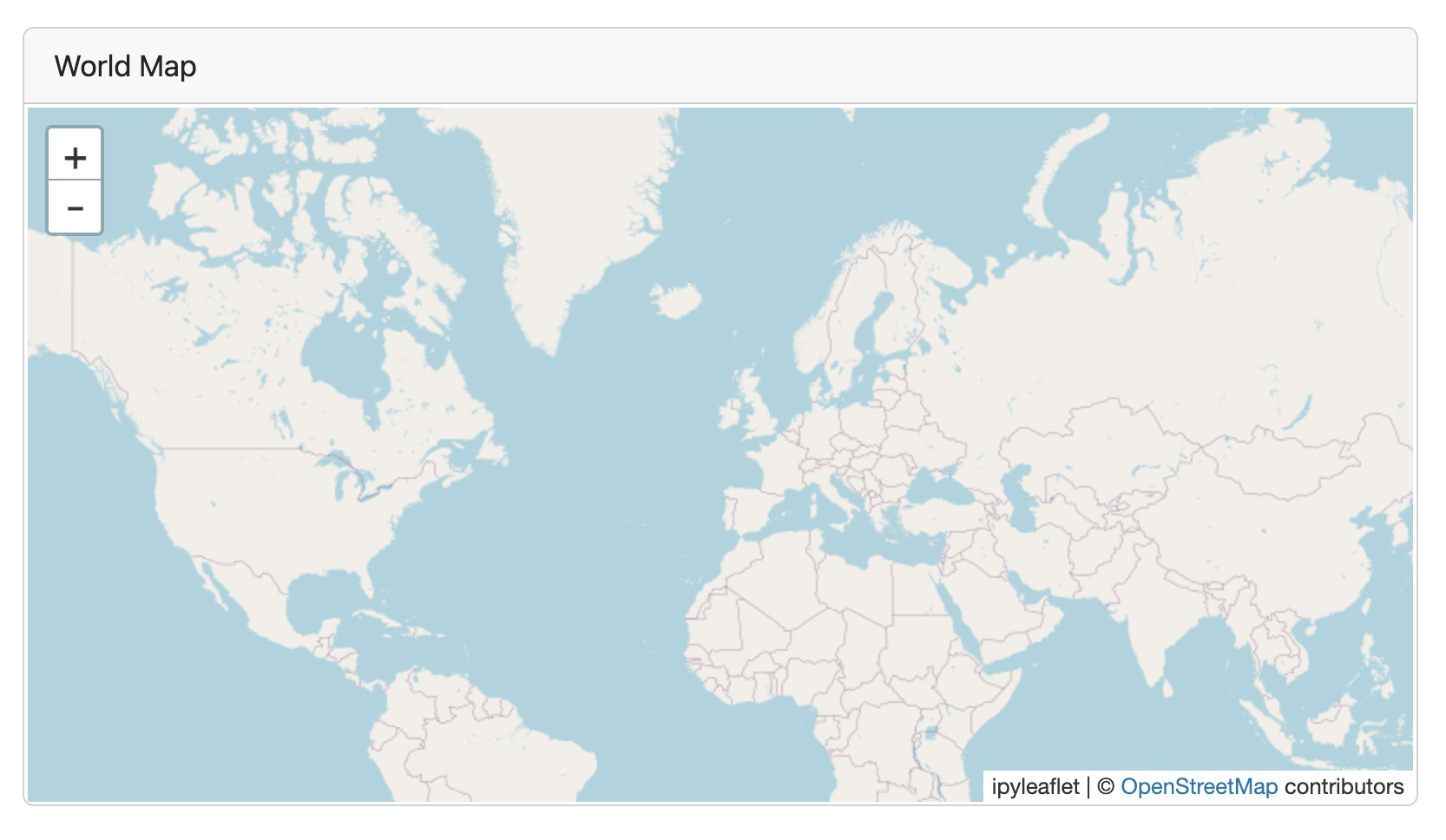 Screenshot of a card with the title World Map displayed in the light grey bar at the top. The card contains a map with no inset from the card border.